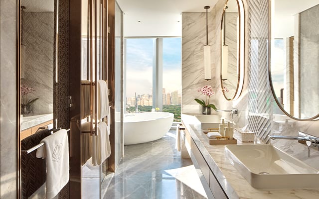 A marble bathroom at one of the Junior Suites at the new Mandarin Oriental Makati Manila